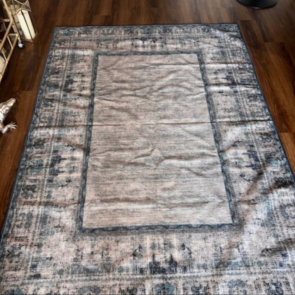 Ruggable Vintage Daisy Bordered Blue 5ft x 7ft Washable Rug (Cover Only)